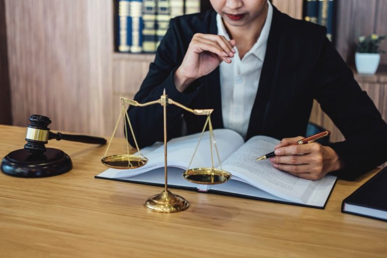 lawyer studying a case in her office
